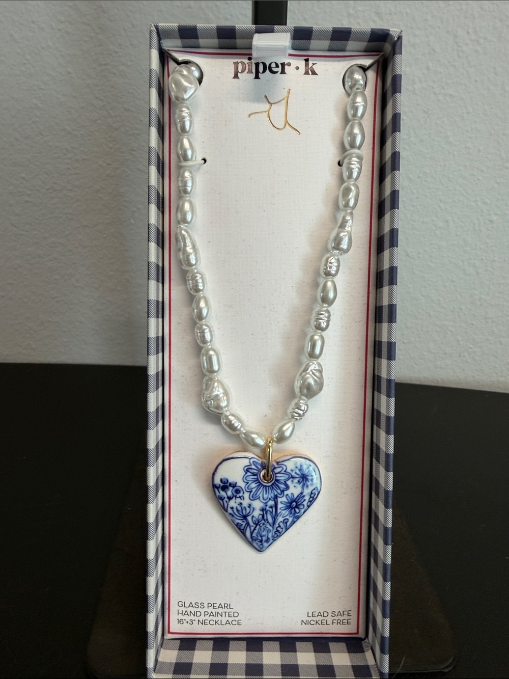 Piper K | Glass Pearl Vintage Inspired Hand-Painted Heart Pendant Necklace 💙